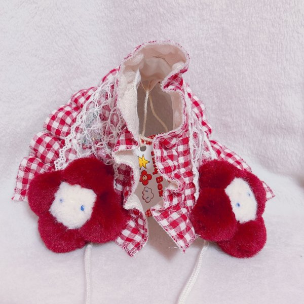 画像1: ぬいぐるみ付きヘッドドレス(お花・赤ギンガム) (1)