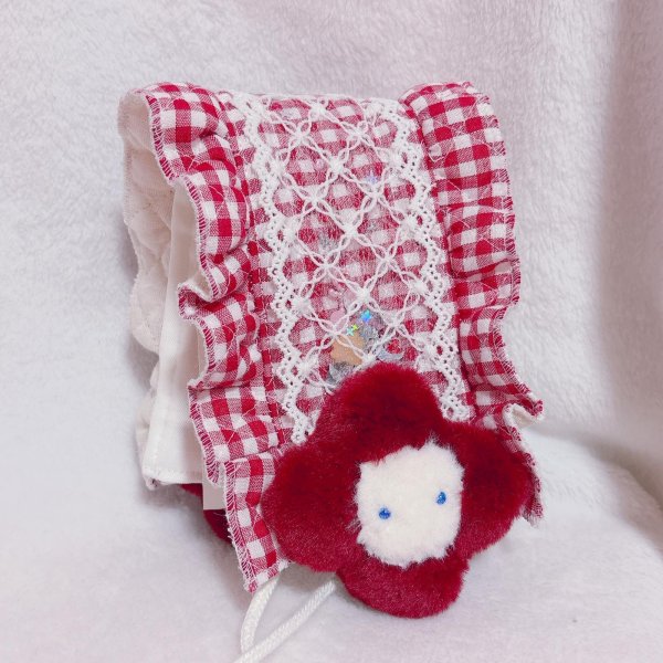 画像3: ぬいぐるみ付きヘッドドレス(お花・赤ギンガム) (3)