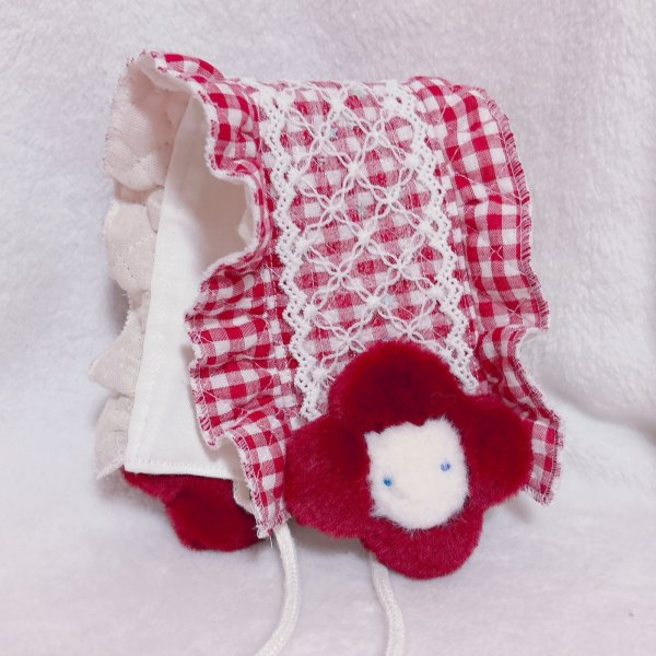 画像2: ぬいぐるみ付きヘッドドレス(お花・赤ギンガム) (2)